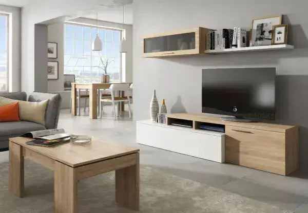 Voror White & Oak L-Shaped TV Unit - Reversible